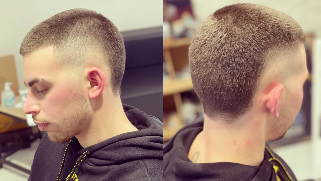 Two pictures of same boy merged together who have Buzzed Skullet hairstyle 