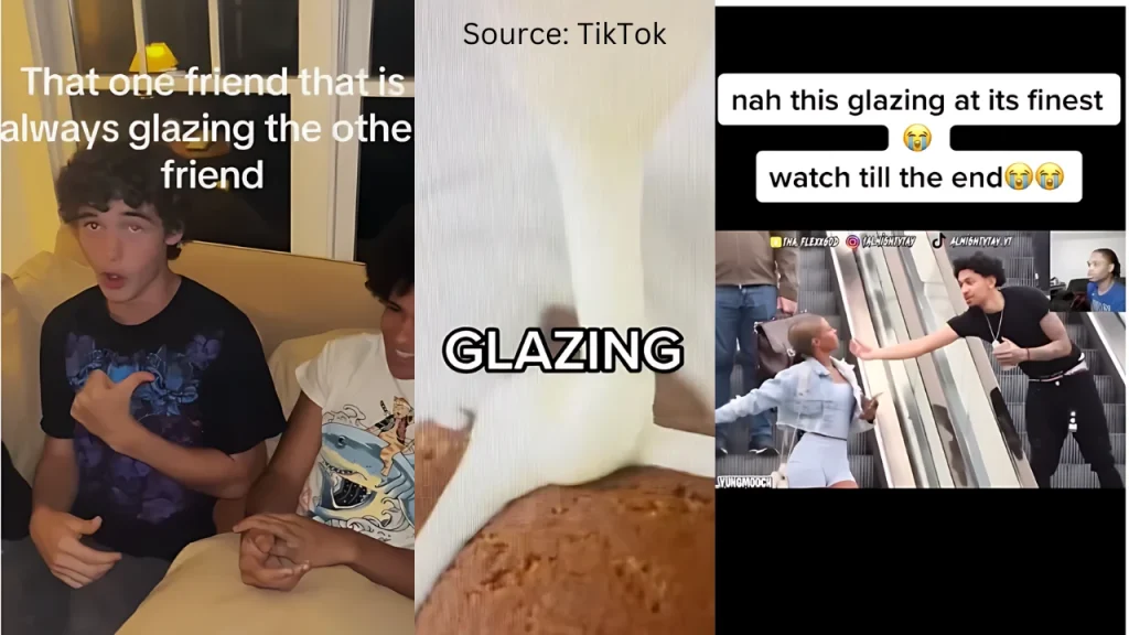 compilation of tiktok screenshots showing glazing slang