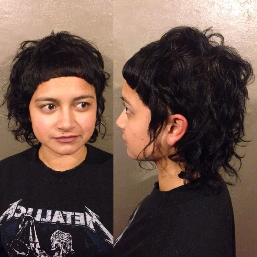 2 pictures of same girl having Micro-Bang Skullet hairstyle