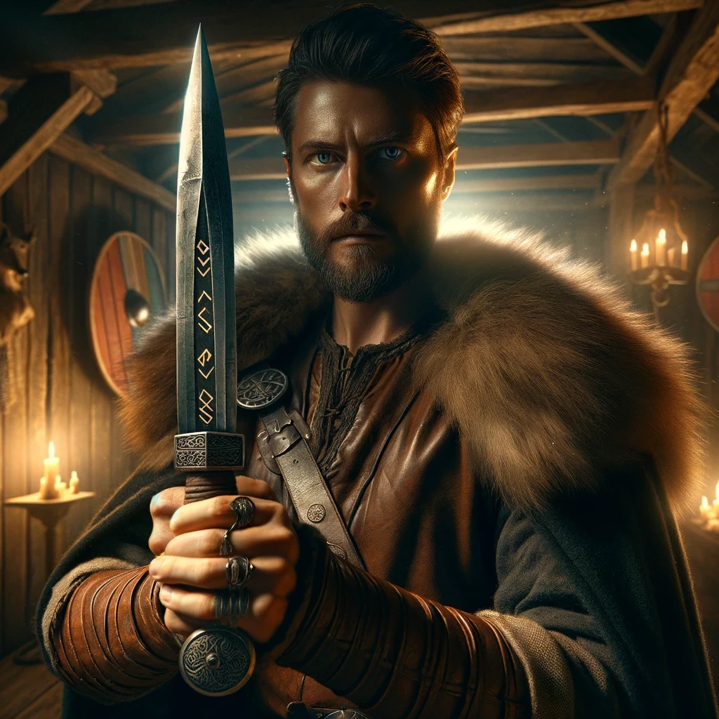 illustration of a Viking warrior holding a dagger similar to Thorfinn's, highlighting the Nordic rune and its cultural significance